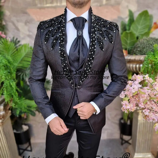 Luxuly Black Crystals Beading Men Suits High-end Groom Tuxedos 3 PCS Sets Handsome trajes para hombre
