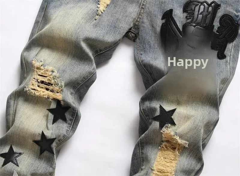 Mens Jeans with Embroidered Leather Patch Hole Punching Casual Black White Star Design by AMR