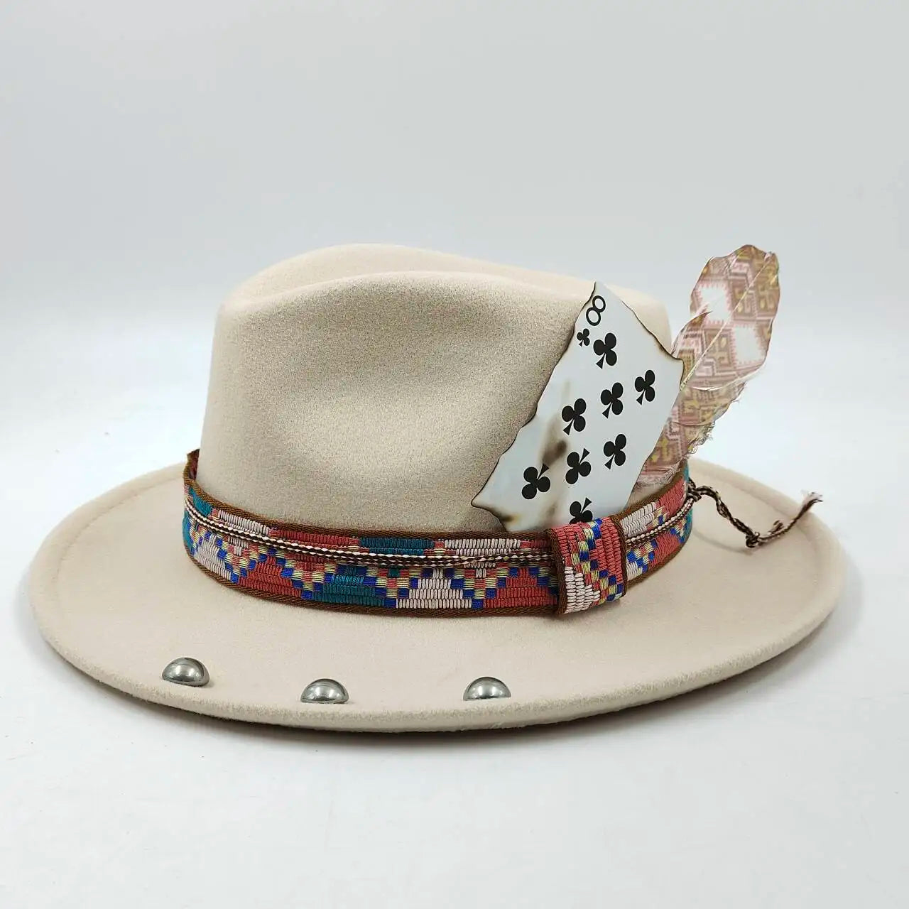 Feather Fedoras Hat for Men Women Black Felt Wide Brim Jazz Cap Plum Blossom 8 Playing Card