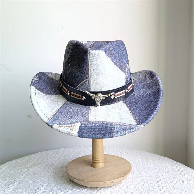 Ethnic Style Cowboy Hat Fashion Chic Unisex Solid Color Jazz Hat With Bull Shaped Decor