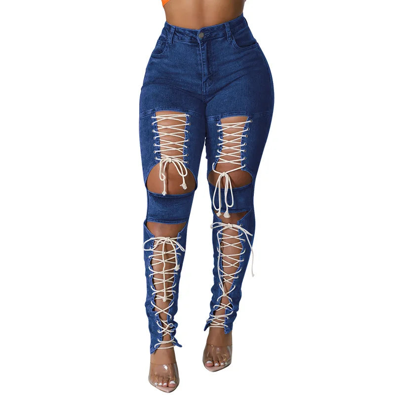 Women's Lace Up Skinny Jeans Stretch Distressed Destroyed Denim Pants Sexy Daily Date Street Going Out Night Club Party Jeans