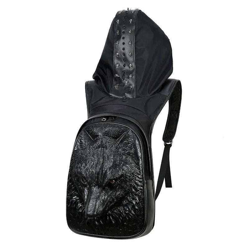 Unisex Waterproof Thicken Leather Backpack - 3D Rivet Embossed, Hooded Design, Spacious Laptop Rucksack for Daily & Travel