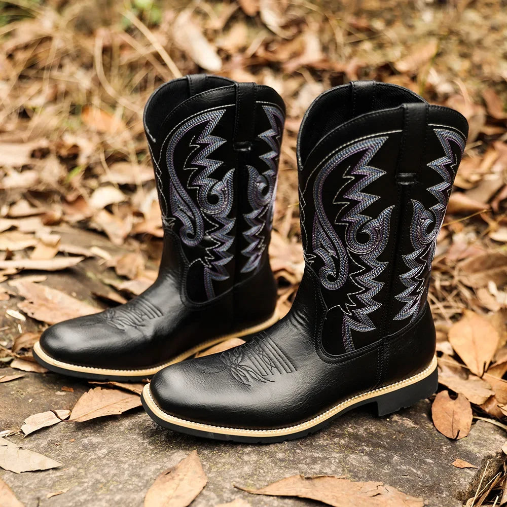 New High Barrel Embroidered Retro Wide Head Western Cowboy Boots Spring and Autumn Trendy Versatile Men's Casual Shoes