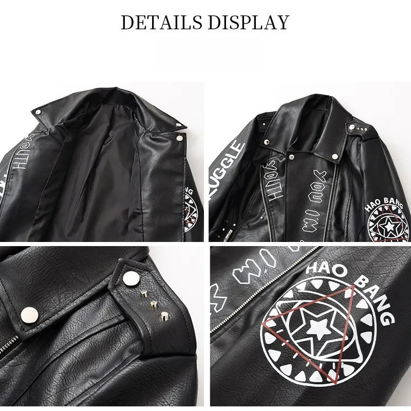 High Street Leather Jacket Women Rivet PU Leather Bomber Jacket Eyelet Print Punk Moto Biker Coat Outerwear Luxury Women Clothes