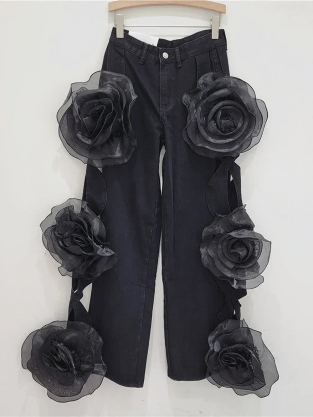 Female Flower Stitching Hollow Out High Waist Loose Jeans Pants Fashion Women'S Wide Leg Oversized Denim Trousers