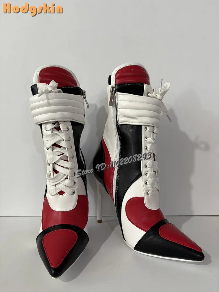 Patchwork Sports Ankle Boots Pointed Cross-tied High Heels Short Boots 2025 Autumn New Women Fashion Stiletto Motorcycle Shoes