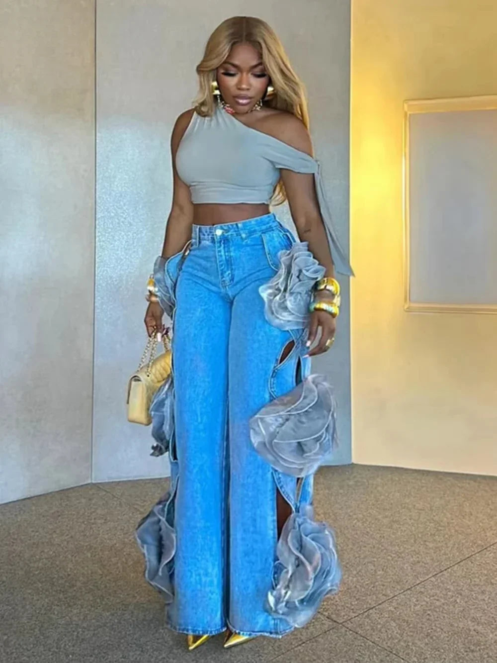 Female Flower Stitching Hollow Out High Waist Loose Jeans Pants Fashion Women'S Wide Leg Oversized Denim Trousers