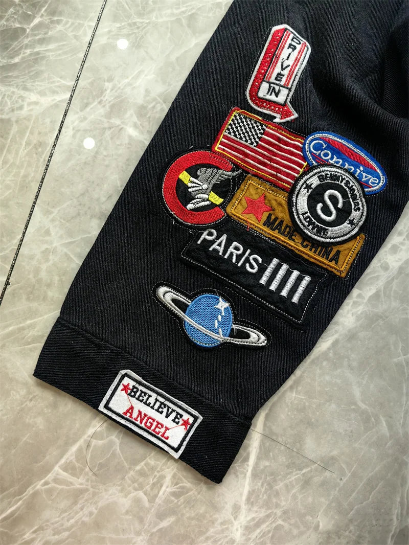 Men's Embroidered Denim Jacket Trendy Slim Fit w Badge Jeans Coat