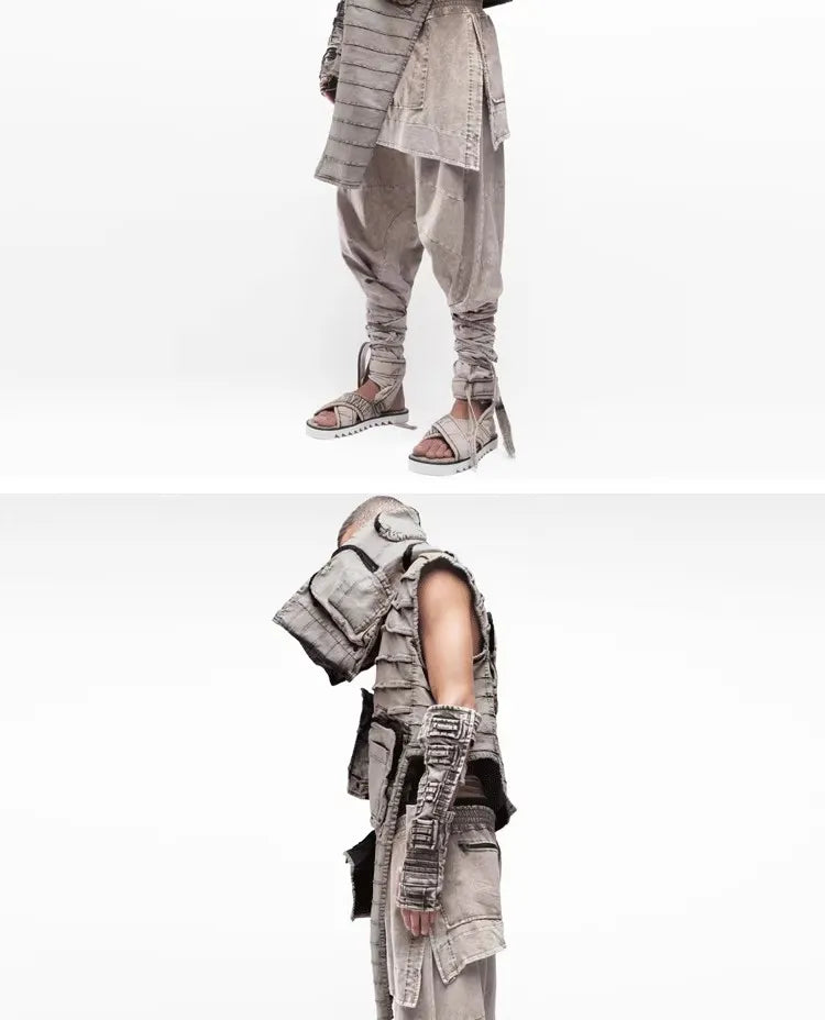 Pioneer Waste Soil Sand Dune Heavy Industry washed Asymmetric stereoscopic Bag Layered High Collar Vest coat