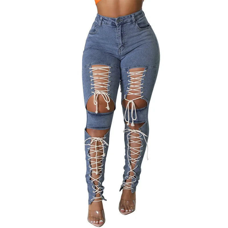 Women's Lace Up Skinny Jeans Stretch Distressed Destroyed Denim Pants Sexy Daily Date Street Going Out Night Club Party Jeans