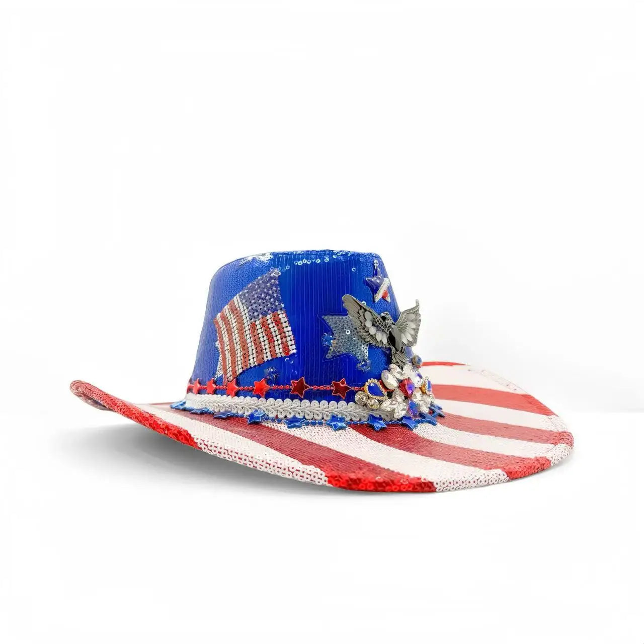 HongLuan Western Blue Disco Felt Cowboy Hat Rhinestone Woman for Cowgirl