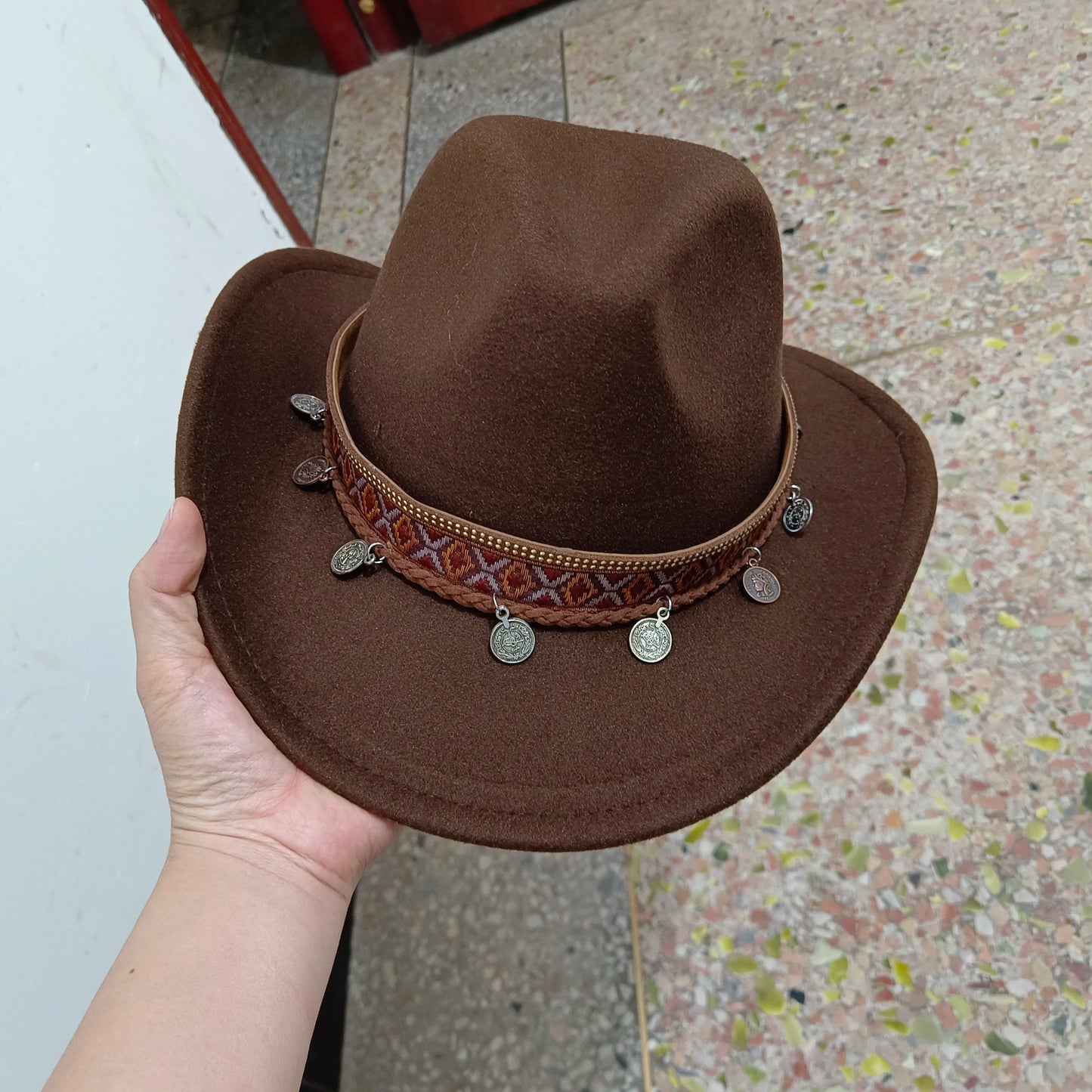 Ethnic Style Cowboy Hat Fashion Chic Unisex Solid Color Jazz Hat With Bull Shaped Decor