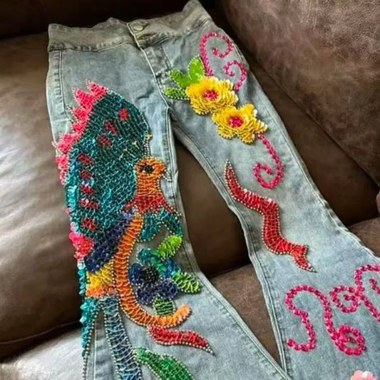 Designer Fashion Streetwear Handmade Sequins Beading Bird Big Flare Jeans Women Denim Pants