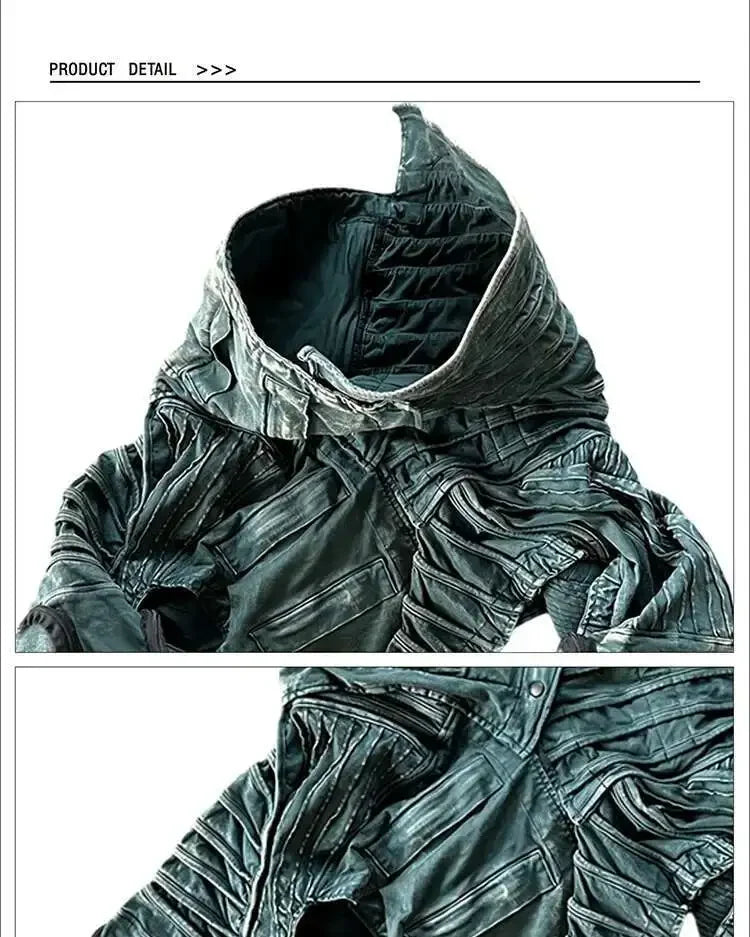Men and Waste Soil Style  Asymmetric Deconstruction Pleated Jacket Futuristic Washed Short Coat Male