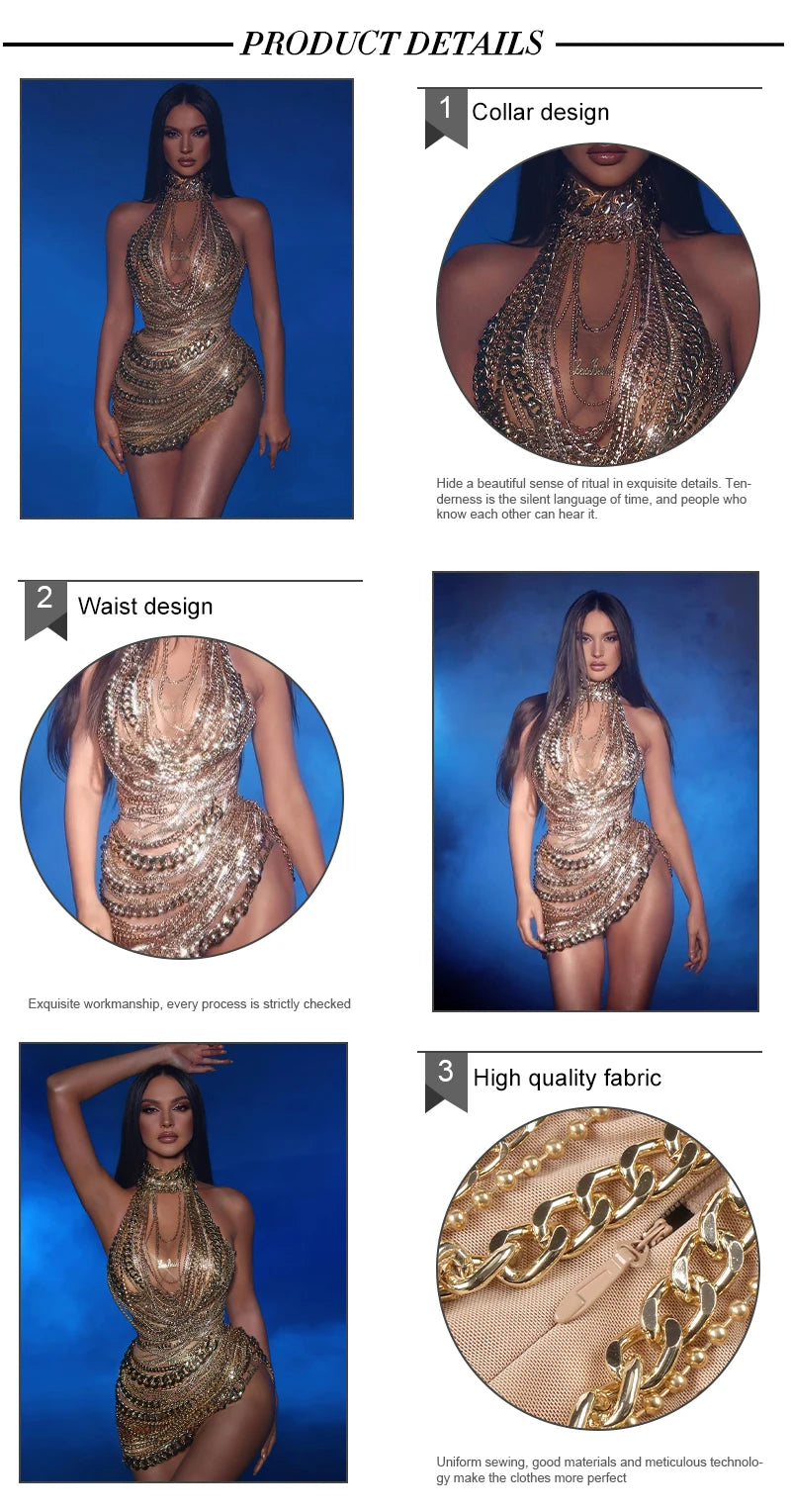 Glamorous Gold Metal Chain - Embellished Halter Mini Dress Side Splitt Club Nights luxury Dresses Vestidos