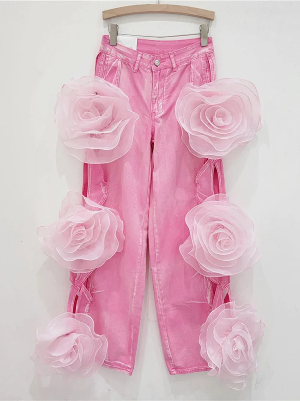 Female Flower Stitching Hollow Out High Waist Loose Jeans Pants Fashion Women'S Wide Leg Oversized Denim Trousers