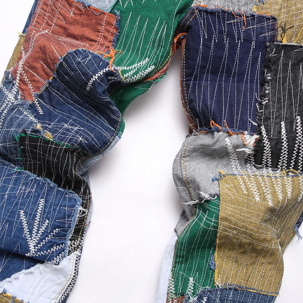 Men Patchwork Denim Jeans Release Hem Colorful Patches Embroidery Pants Non Stretch Cotton Slim Straight Trousers