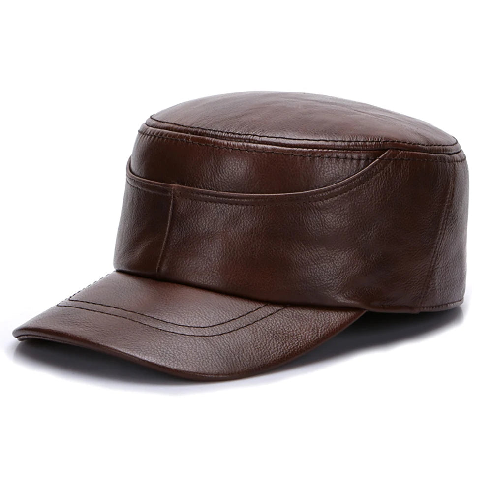 Men's Real Leather Fall Winter male 100% Genuine Real Cowhide Leather Military Cap