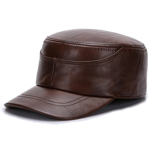 Men's Real Leather Fall Winter male 100% Genuine Real Cowhide Leather Military Cap