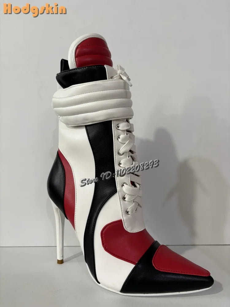 Patchwork Sports Ankle Boots Pointed Cross-tied High Heels Short Boots 2025 Autumn New Women Fashion Stiletto Motorcycle Shoes