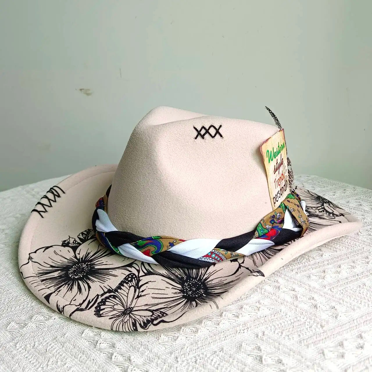 inted Fedora Western Cowboy Hat for Men and Women FloralPainted Jazz Hat Wide Brim Cowboy  Feather Accessories