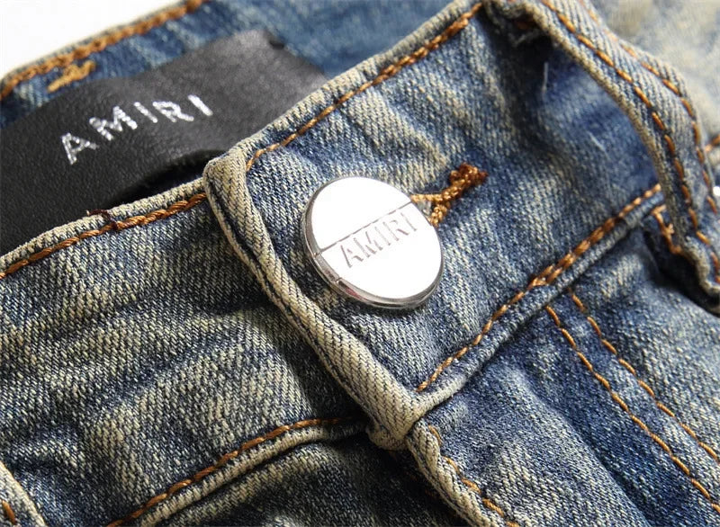 Mens Jeans with Embroidered Leather Patch Hole Punching Casual Black White Star Design by AMR