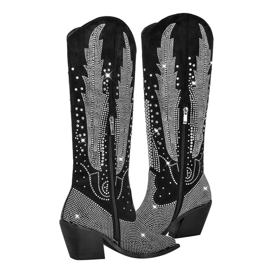 Onlymaker Women Black Knee High Rhinestone Boots Western Cowboy Boots Glitter Bling Shiny Block Heel Handmade Boots