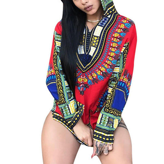 Vintage Women Ethnic African Style Hooded Long Sleeve African Dashiki Hoodie Top Casual Traditional Pullover Blouse Sweatshirts