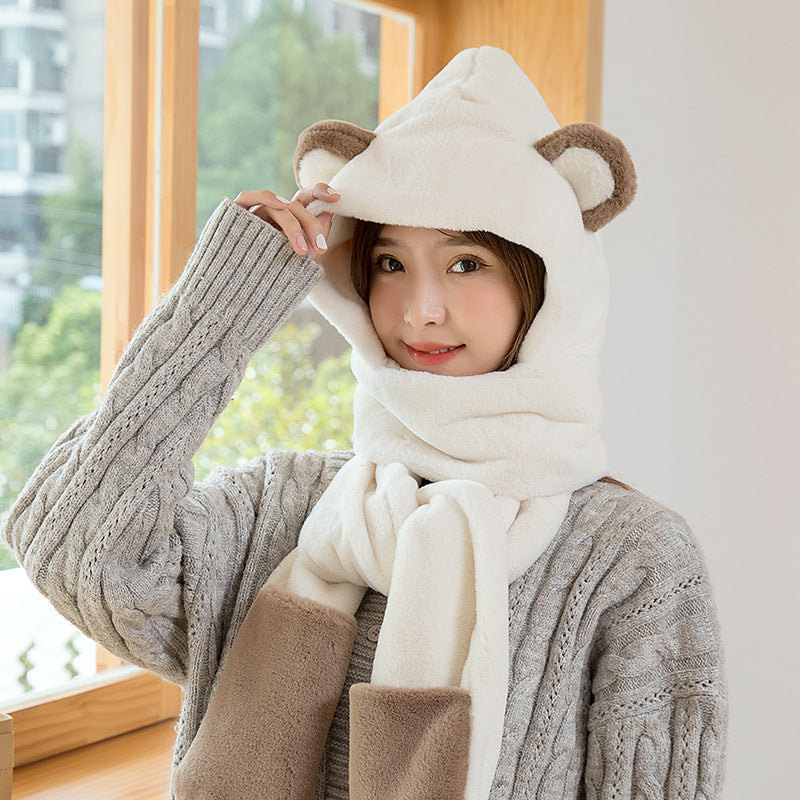 Winter Bears Hat Gloves Scarf Three in One Cute Women's Warm Thickened Plush Scarf