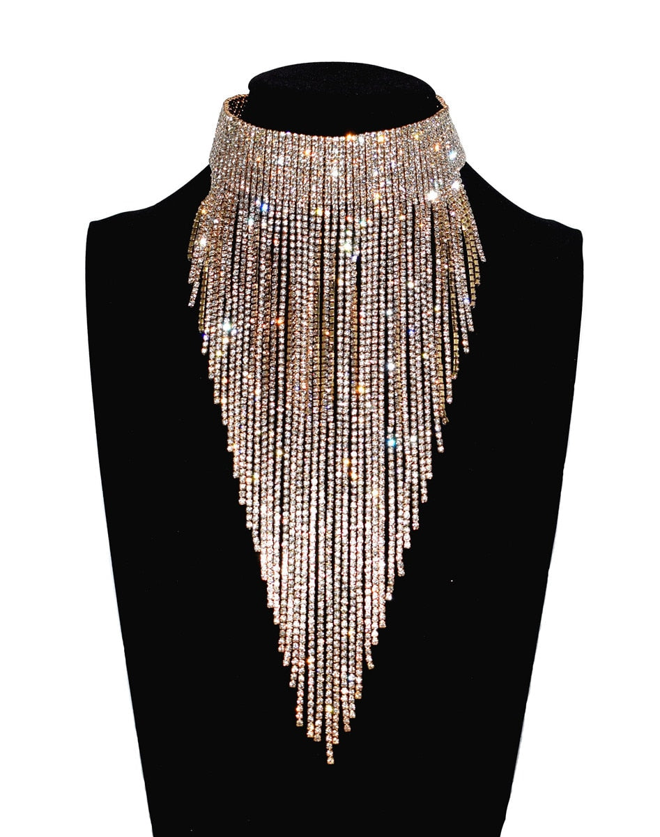 Shiny Full Rhinestone Long Chain Choker Collar Statement Necklace For Women High Quality Stunning Necklace Jewelry