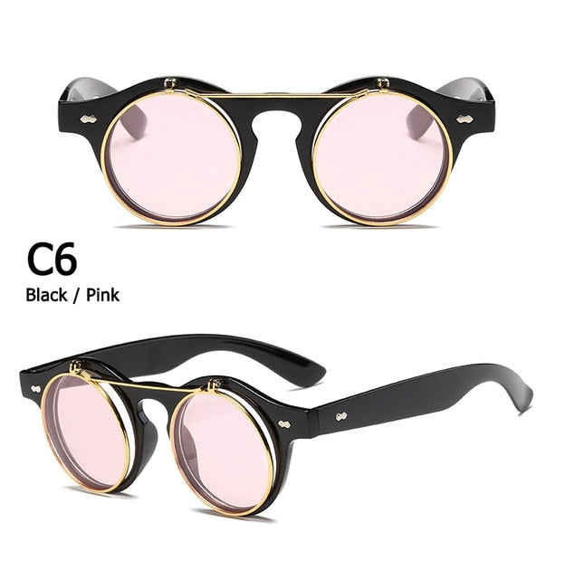 Round SteamPunk Flip Up Sunglasses Classic Double Layer Clamshell Design Sun Glasses