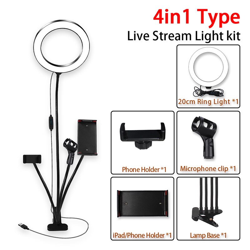 8inch LED Ring Light kit for Makeup Tutorial YouTube Video Live Stream For iPad Microphone Phone Holder Selfie Beauty Ring Light