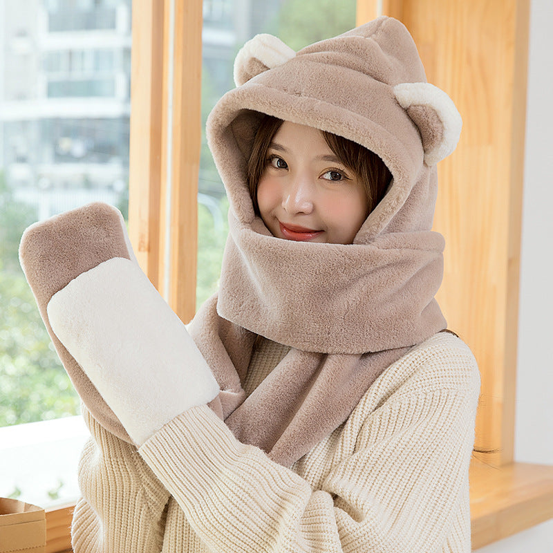 Winter Bears Hat Gloves Scarf Three in One Cute Women's Warm Thickened Plush Scarf