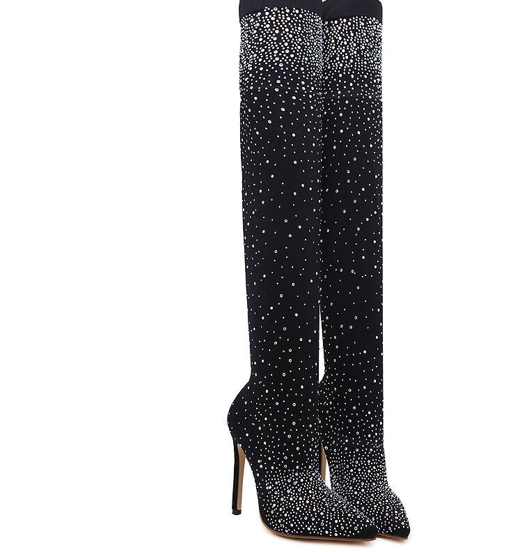 Runway Crystal Stretch Fabric Sock Boots Pointy Toe Over-the-Knee Heel Thigh High Pointed Toe Woman Boot