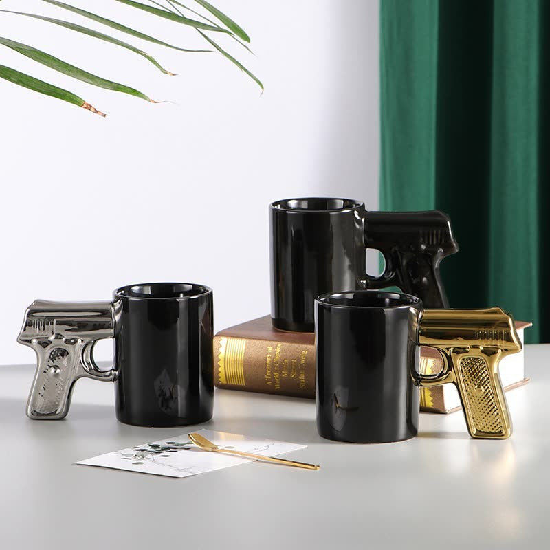 Gold Silver Pistol w Gun Handle mug