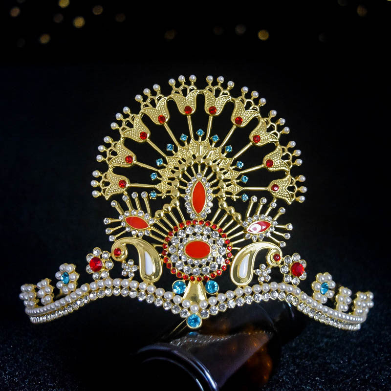 Luxury Pearl Rhinestone Golden Crown Hollowed Out Design Peacock Feathered Crown