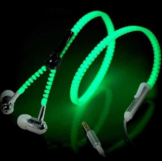 Wired earbuds Light Luminous Metal Zipper Earphone Glow In The Dark earbuds Hands Free Zipping earbuds Earhpones