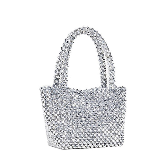 Pearls Bag Beaded Box Totes Bag Women Party Vintage Silver Bucket Handbag