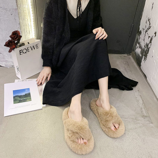 Winter House Women Fur Slippers Fashion Cross Band Warm Plush Ladies Plush Shoes Cozy Open Toe Indoor Fuzzy Slides For Girls