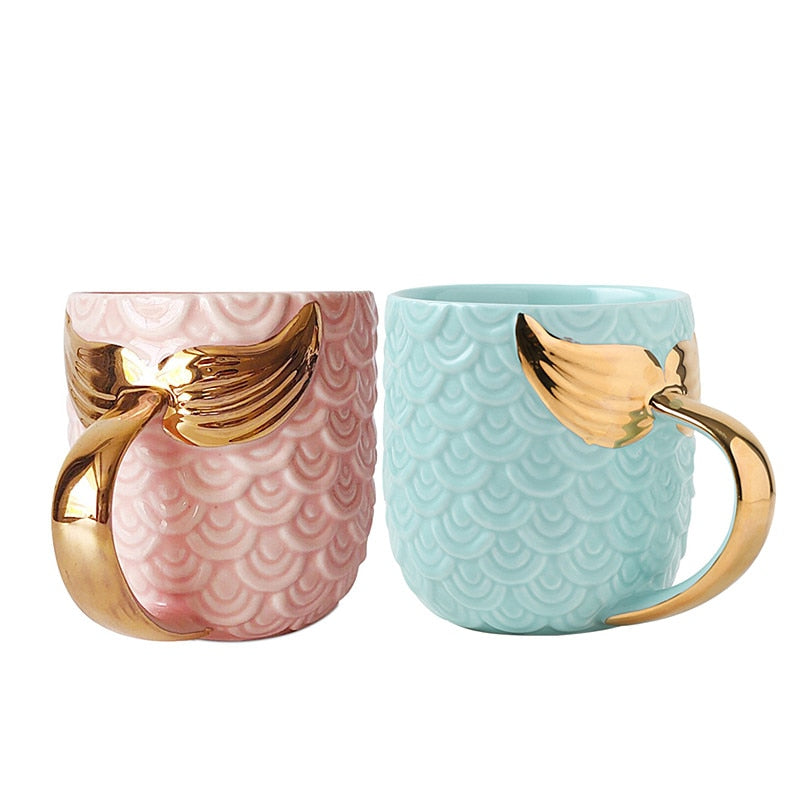 Beauty Mermaid Handle Large Capacity Pearl Glaze Gold Coffee, milk & tea Mug 420ML