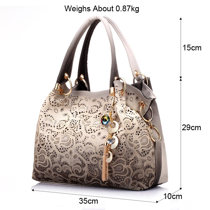 women bag hollow out ombre handbag floral print shoulder bags ladies pu leather tote bag red/gray/blue