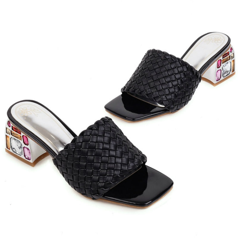 Comfort Summer Women Mules Shoes Outdoor Luxury Crystal Women Slide Low Heels Casual Knitted Beach Women's Slipper Large Size 48