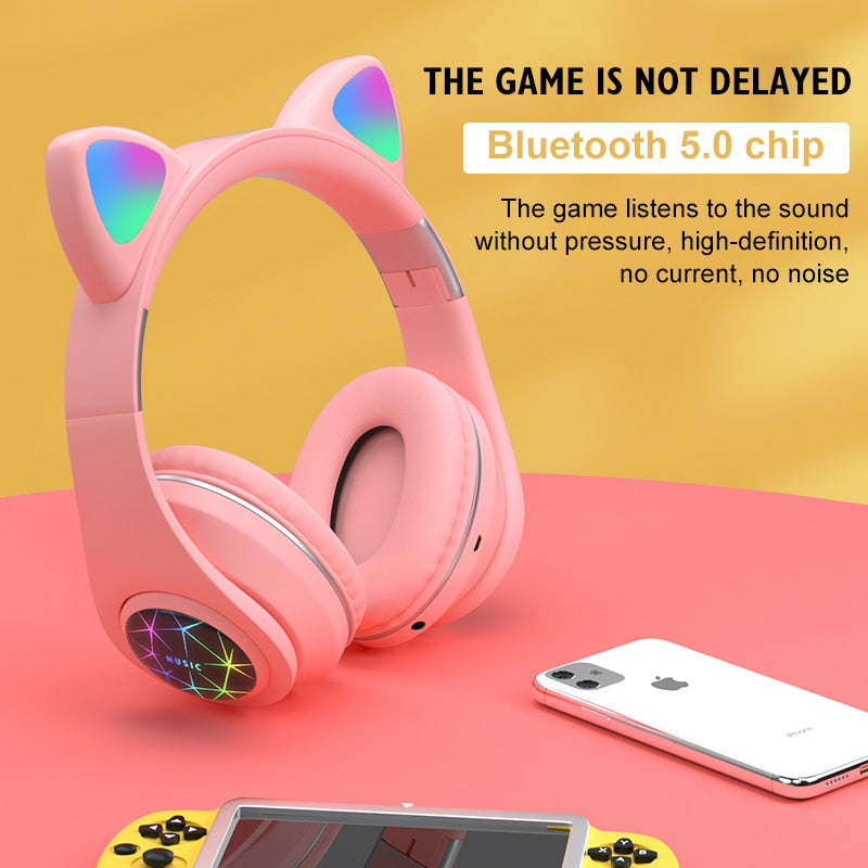 RGB Cat Ear Headphones Bluetooth 5.0 Noise Cancelling Adults Kids girl Headset Support TF Card FM Radio With Mic Gift bracelet