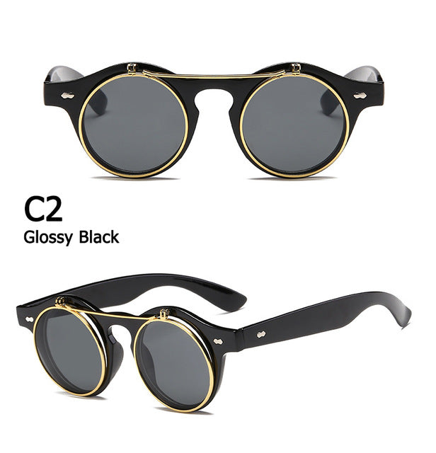 Round SteamPunk Flip Up Sunglasses Classic Double Layer Clamshell Design Sun Glasses