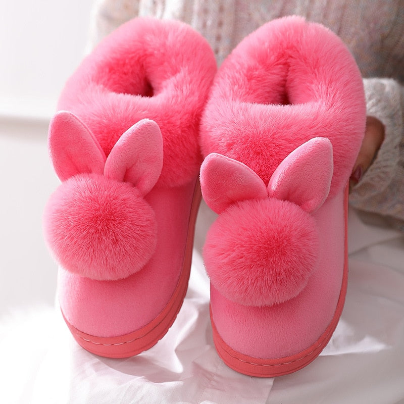 New Fashion Autumn Winter Cotton Slippers Rabbit Ear Home Indoor Slippers Winter Warm Shoes Womens Cute Plus Plush Slippers