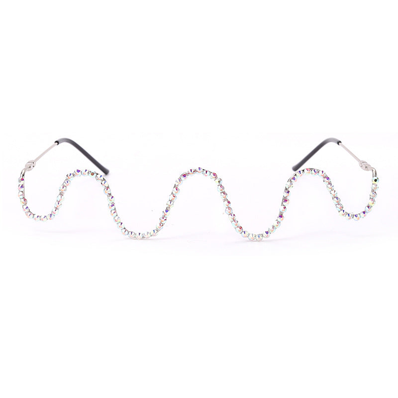 New Fashion Handmade Diamond Half-Frame Glasses Women's Trendy Metal Wave Without Piece Decorative Glasses Frame