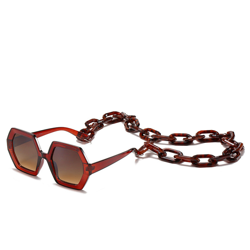 Fashion Oversized Polygon Sunglasses Women Brand Designer Chain Sun Glasses Female Color Shades Come with Chain