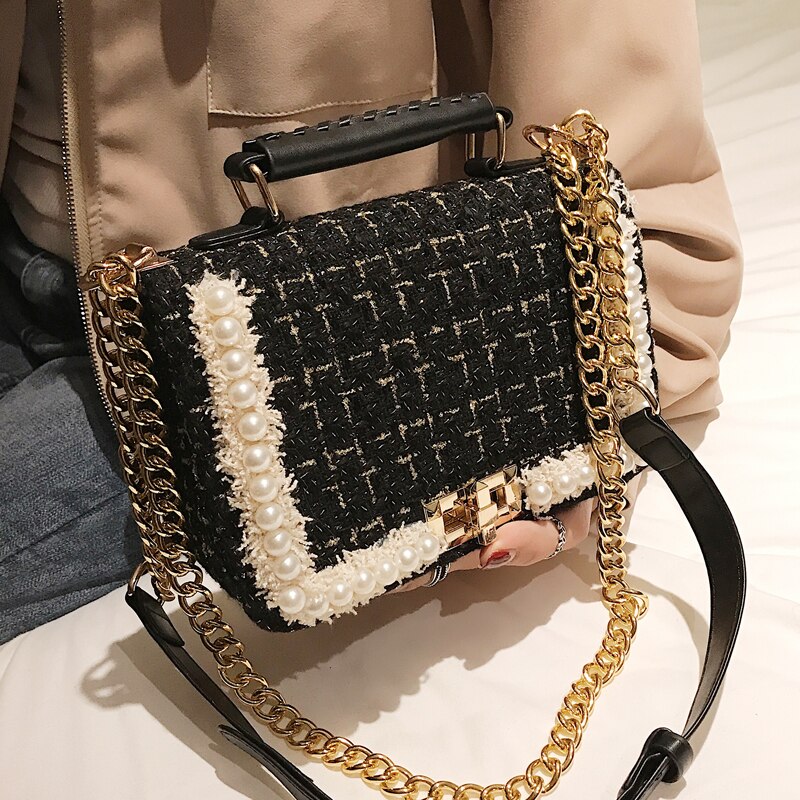Fashion New Female Square Tote bag Quality Woolen Pearl Women's Designer Handbag Ladies Chain Shoulder Crossbody Bag Travel