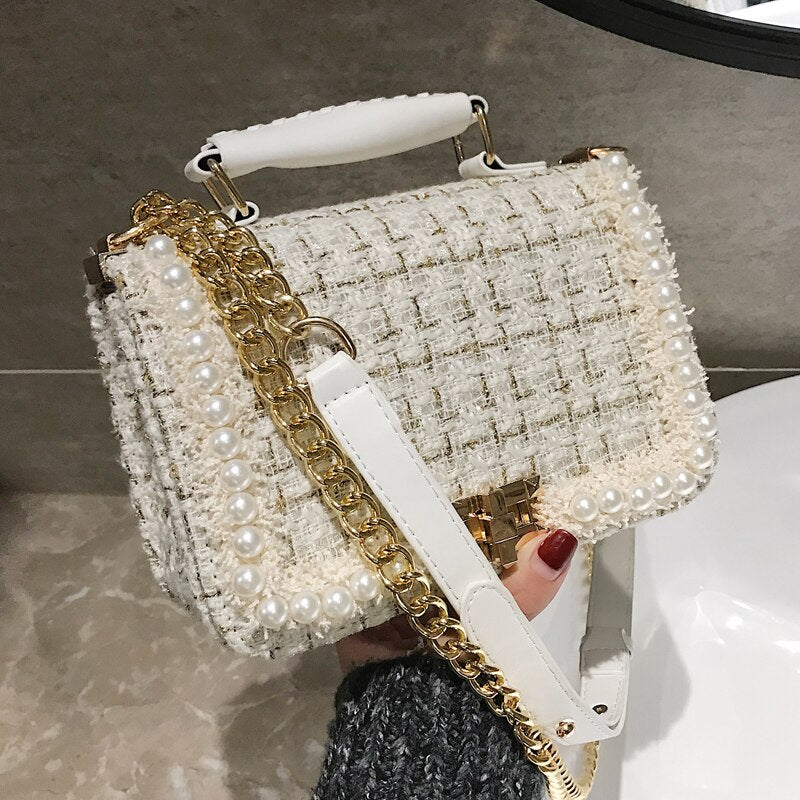 Fashion New Female Square Tote bag Quality Woolen Pearl Women's Designer Handbag Ladies Chain Shoulder Crossbody Bag Travel
