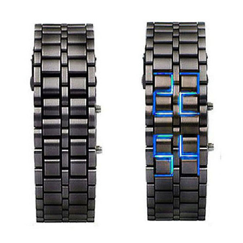 Fashion Black Full Metal Digital Lava Wrist Watch Men Red/Blue LED Display Men&#39;s Watches Gifts for Male Boy Sport Creative Clock